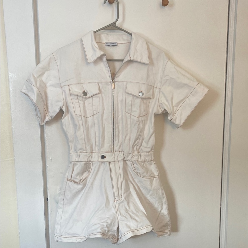 White Short Sleeve Zip-Up Romper